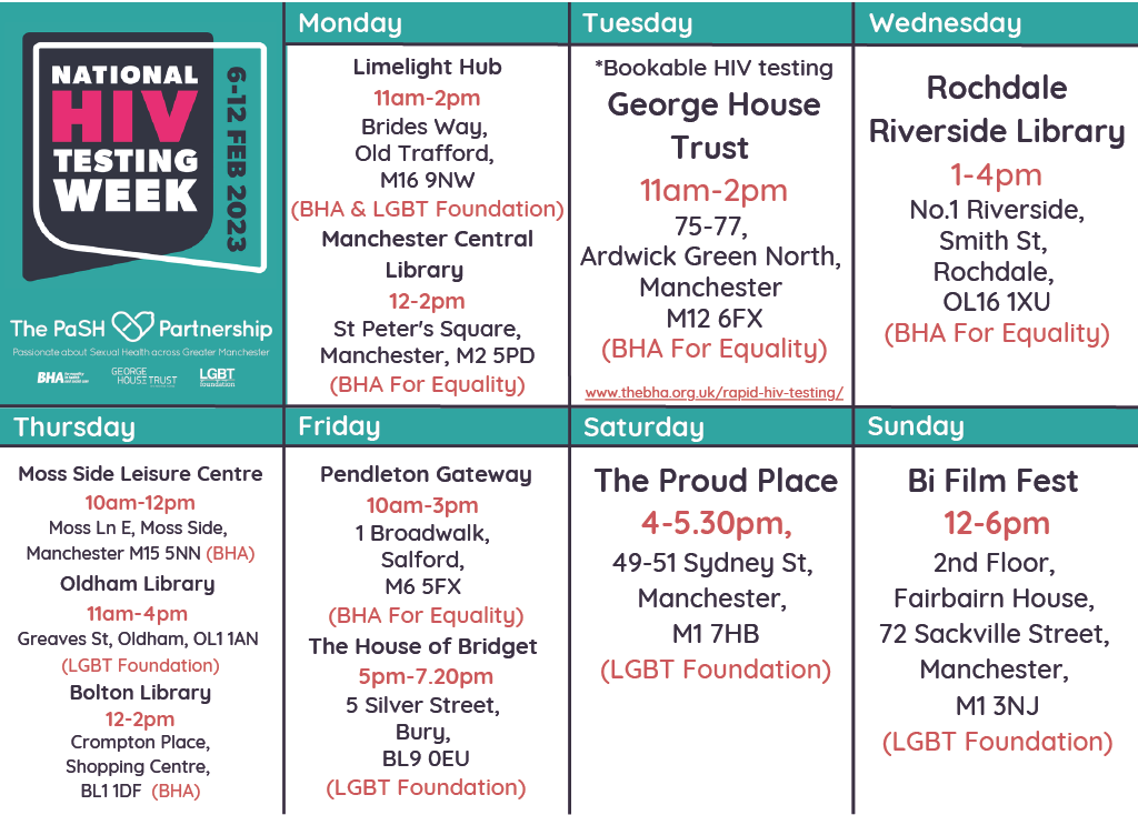 A calendare of venues, dates and times for National HIV Testing Week in Greater Manchester